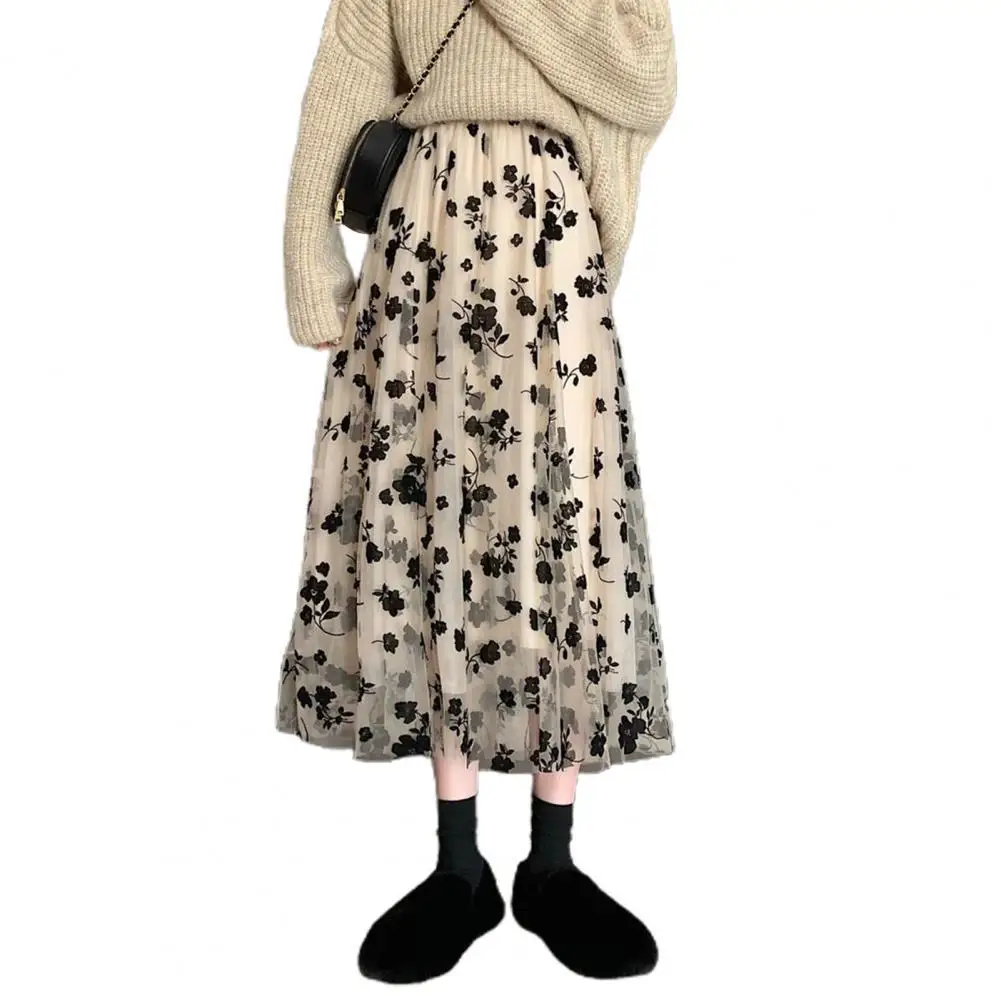 

Long skirts Women's High-waisted skirt Slim Mesh Floral Pattern Pleated A-line womens skirts fashion 2021