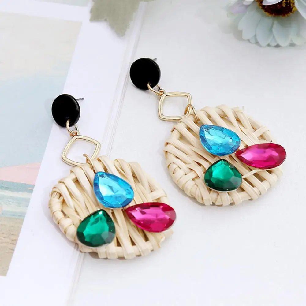 

Boho Women Rhinestone Rattan Round Geometric Dangle Ear Stud Earrings Jewelry