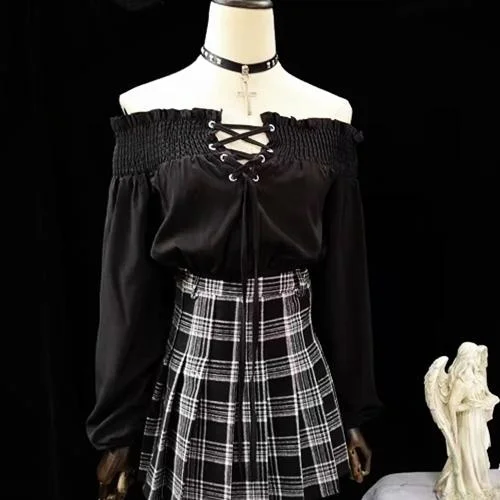 Панк дизайн женский Готический горизонтальный шейный черный укороченный топ