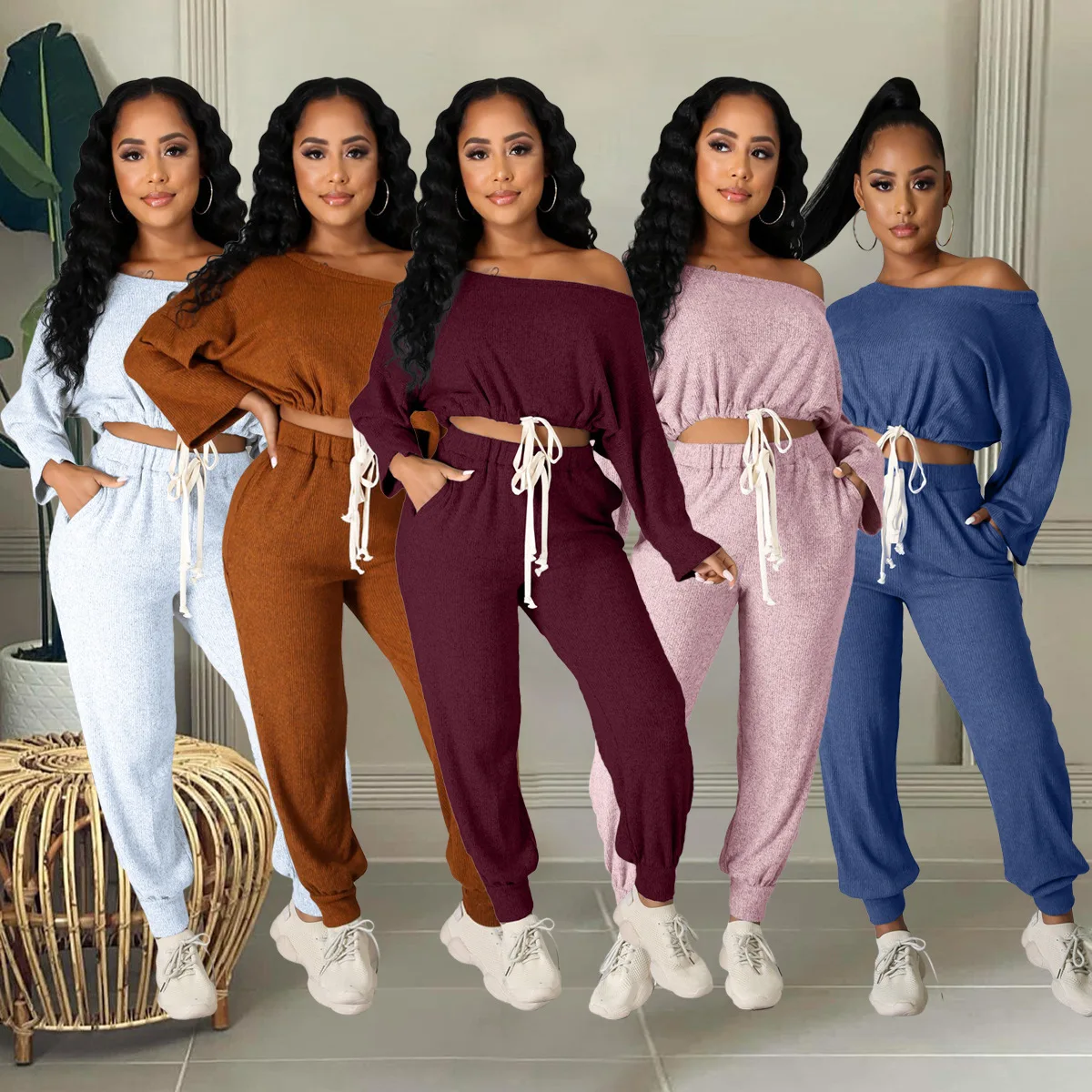 

Women's casual two-piece suit spring and autumn fashion sexy solid color collar trousers sports suit
