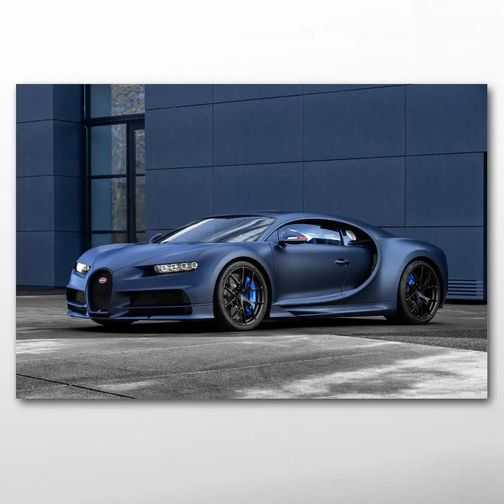 Синий автомобиль Bugatti Chiron спортивный суперкар постеры и принты на холсте