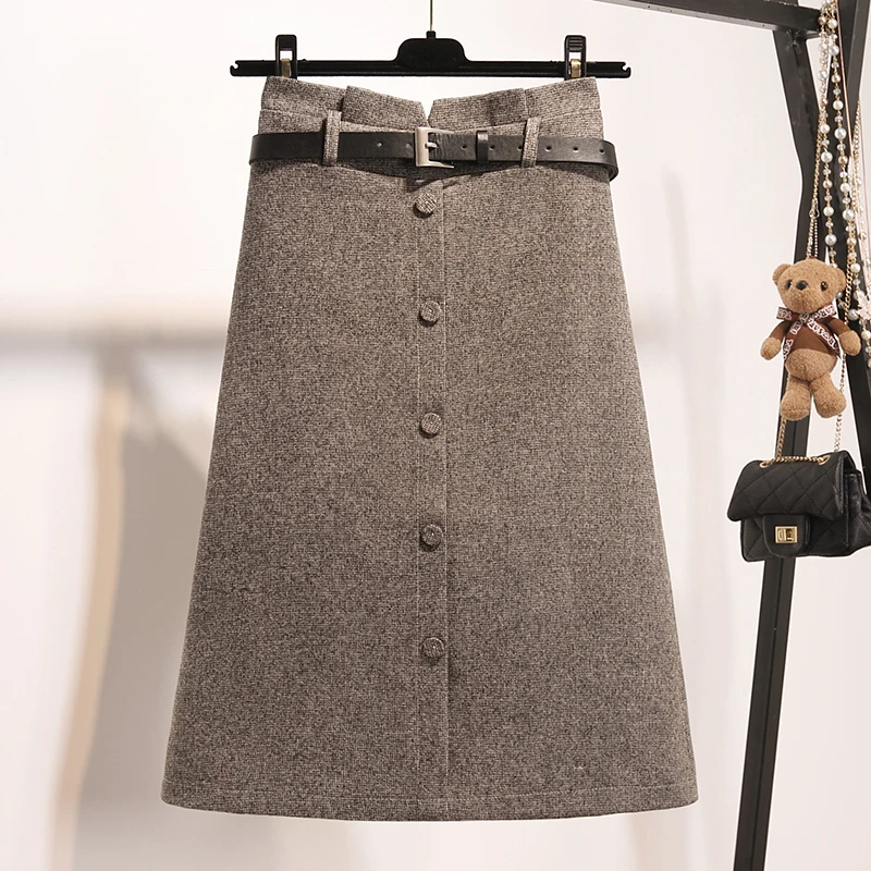 khaki Saia юбка миди Saia длинная юбка длиной до колена из хлопка и льна для офисных леди, однотонная прямая юбка с поясом, завышенная талия, Осень-зима - Цвет: khaki