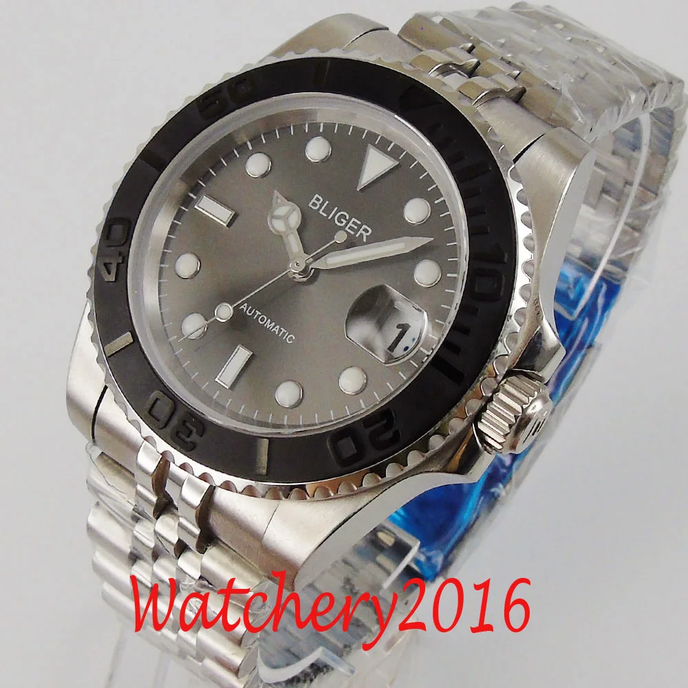 BLIGER 40mm Grey dial luminous hands Sapphire Glass full jubilee stainless steel NH35 automatic movement Men s Watch