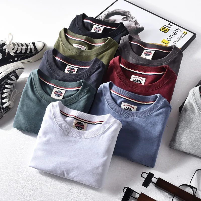 

2021 Autumn Winter New Men's Fashion Simple Long Sleeve O-neck 100% Cotton Solid Color T-shirt Washed Old Casual Tops 10colors