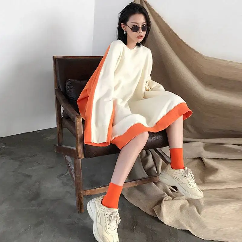 

Spring and autumn long matching color hoodie female Korean street personality round collar hoodie sweatshirts vintage