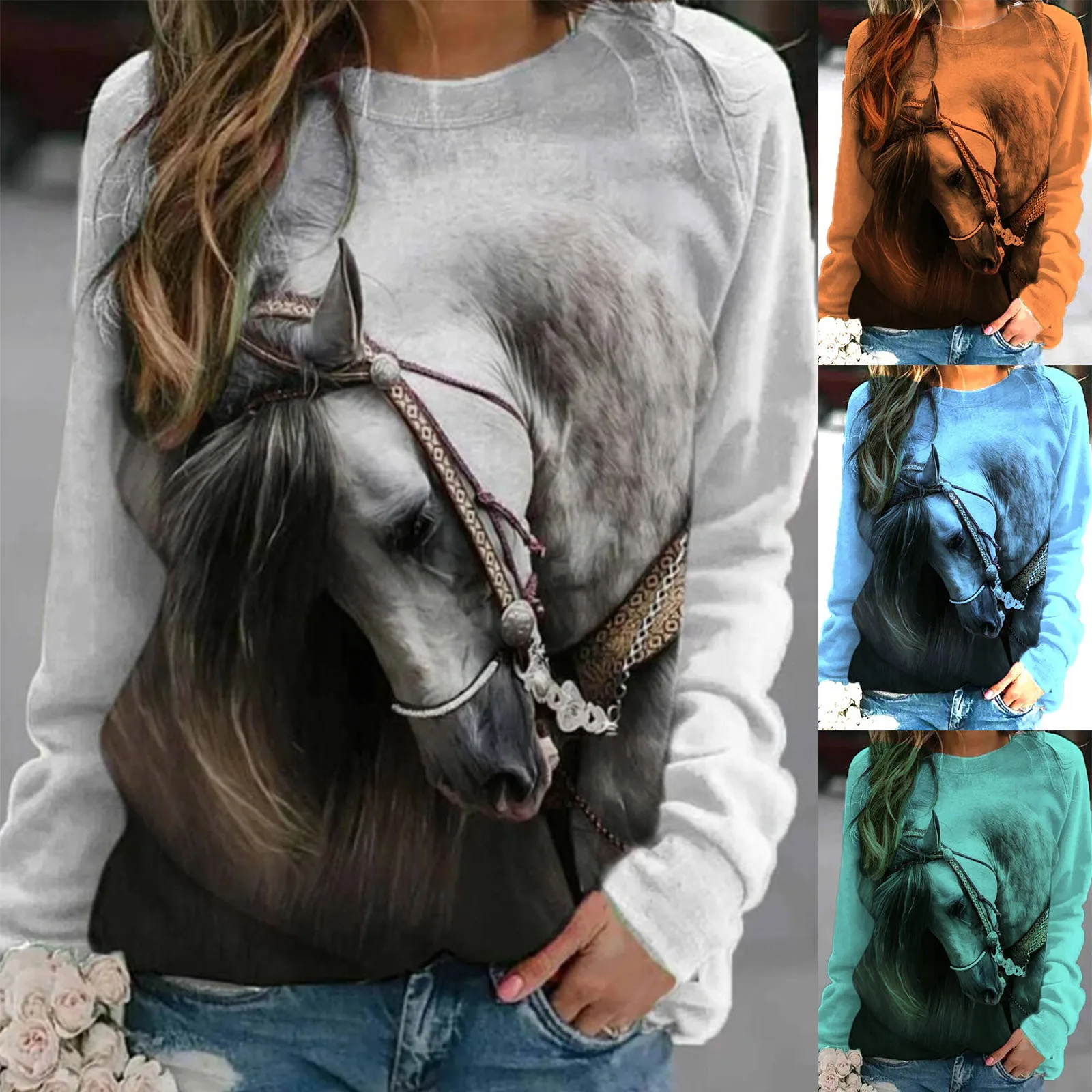 

S-3XL Autumn Winter Lady Fashion Horse Printed Long Sleeve Pullover Sweater Casual T-shirt Multicolor grinch christmas Casual F4
