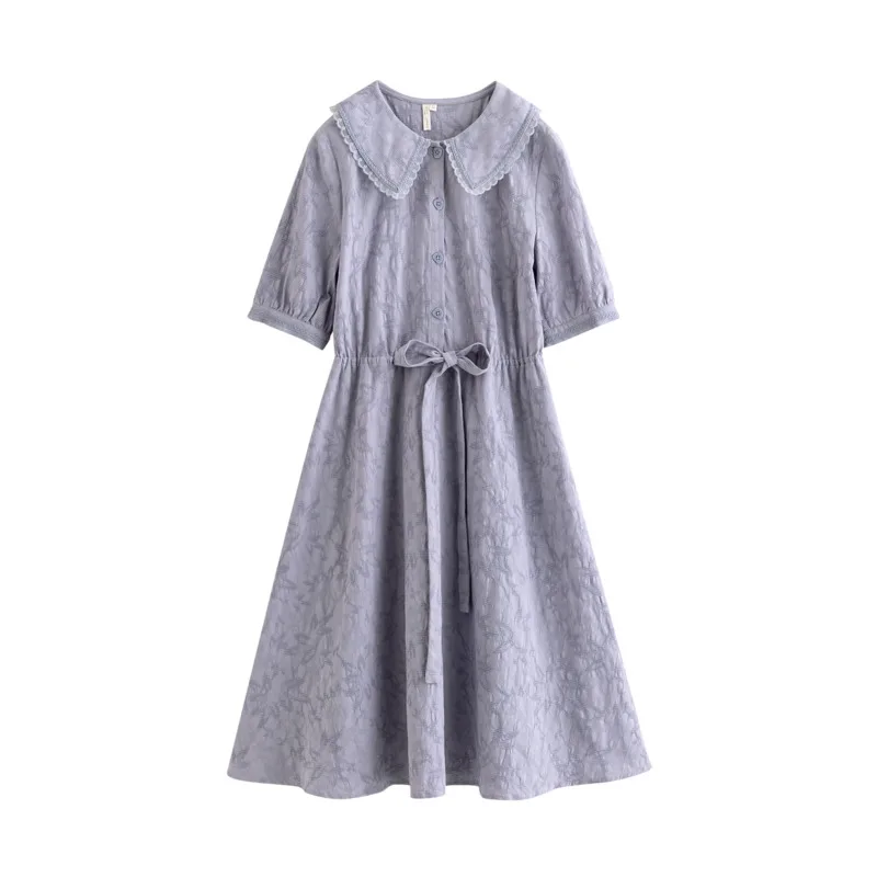 

INMAN Vintage Style Dress Women Elegant Dtrawstring High Wasit Band Turn Down Collar Flower Dobby One-Piece