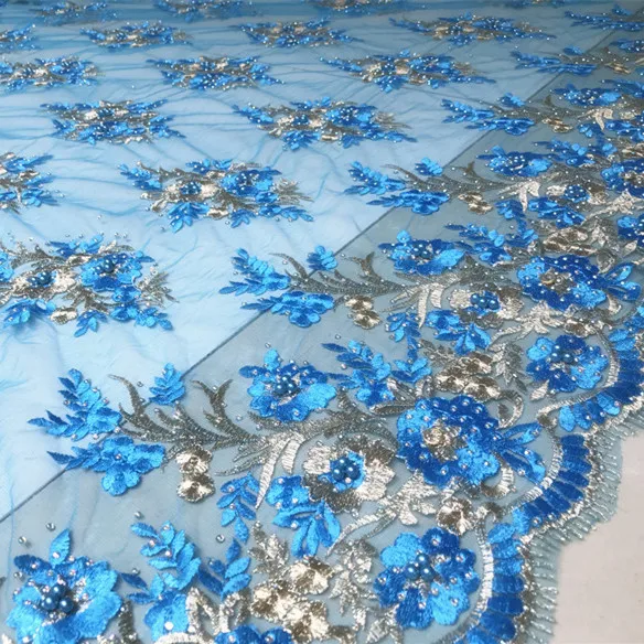 1 ярд/партия синие Бусины для ногтей + бронзовая вышитая кружевная ткань