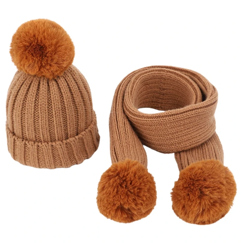 

2pcs Children Knitted Beanie Hat Scarf Set Infant Baby Fake Ball Pom Pom Cap Warm Winter Thick Beanies