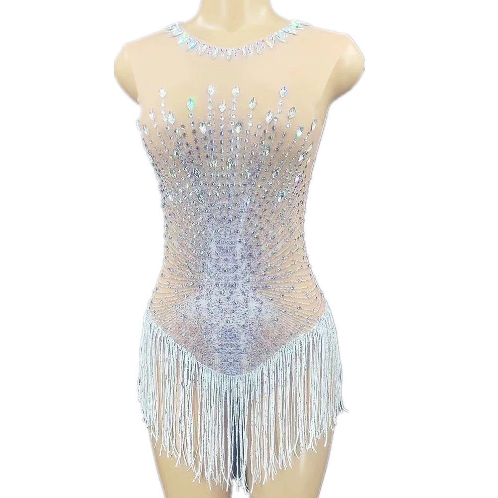 

Perspective Sleeveless Tassel Jumpsuit Glisten Inlaid Diamond Beaded Women Bodysuit Singer Dance Stage Wear Nightclub Outfit
