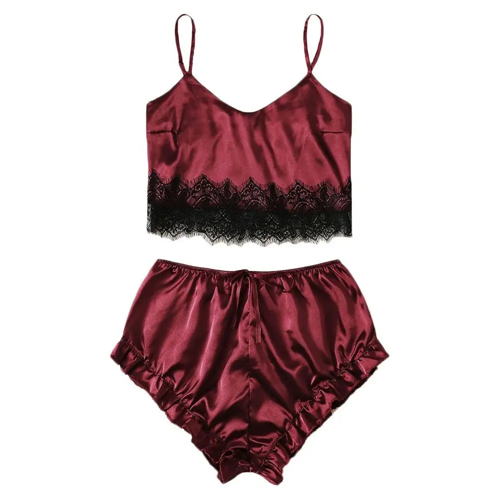 Повседневная Женская одежда для сна набор модная винно-красная сексуальная