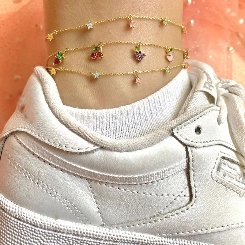 Новые разноцветные циркониевые браслеты на ногу в виде вишневого персика для