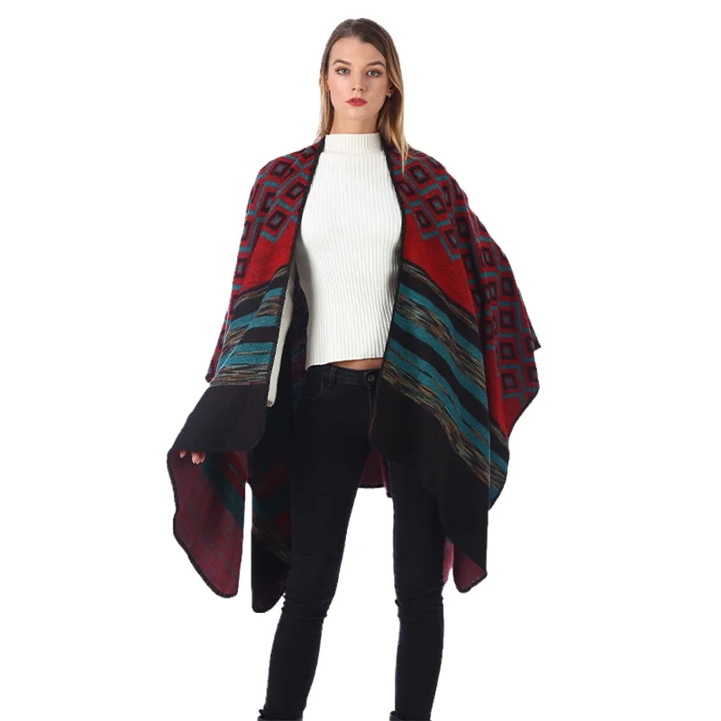 

New Style Ladies Diamond-shaped Striped Shawl Imitation Cashmere Travel Split Shawl Cloak Man Shawl Scarf
