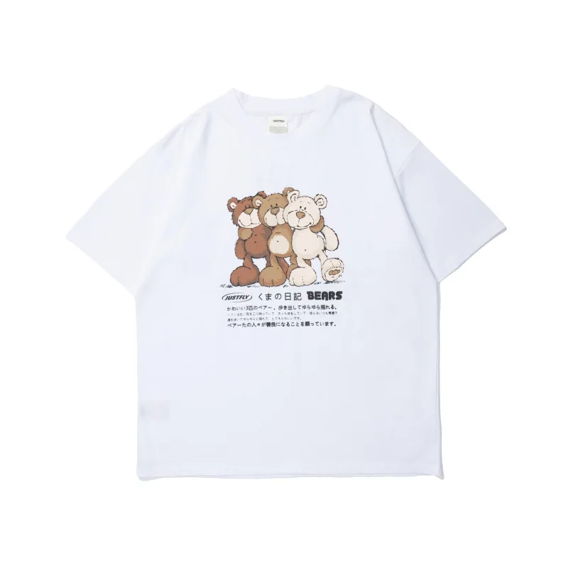 

Japanese Hip Hop Harajuku Bear Print Tees Summer Loose Couple Student Short Sleeved T-shirts Men's Fashion Pure Cotton Tshirts