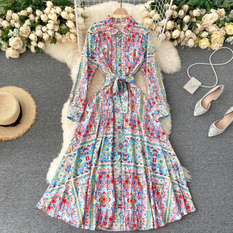 

Elegant Print Bohemian Dress Vintage Turn-down Collar Spring Autumn Single Breasted Shirt Vestidos Long Maxi Holiday Dresses