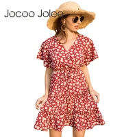 jocoo jolee women casual short sleeve v neck a line dress elegant boho floral print lace up ruffles mini dress beach sundress