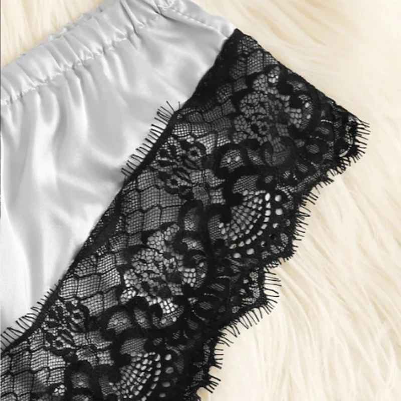 

3PCS/Set Sleep Wear Lingerie Women's Sleepwear Sexy Satin Set Lace Pyjamas Sleeveless Cute Cami Silk Satin V-Neck