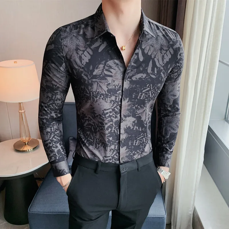 

Top Quality Autumn Long Sleeve Floral Shirts Men Clothing Simple Slim Fit Casual Men's Social Shirt Dress Business Formal Wear