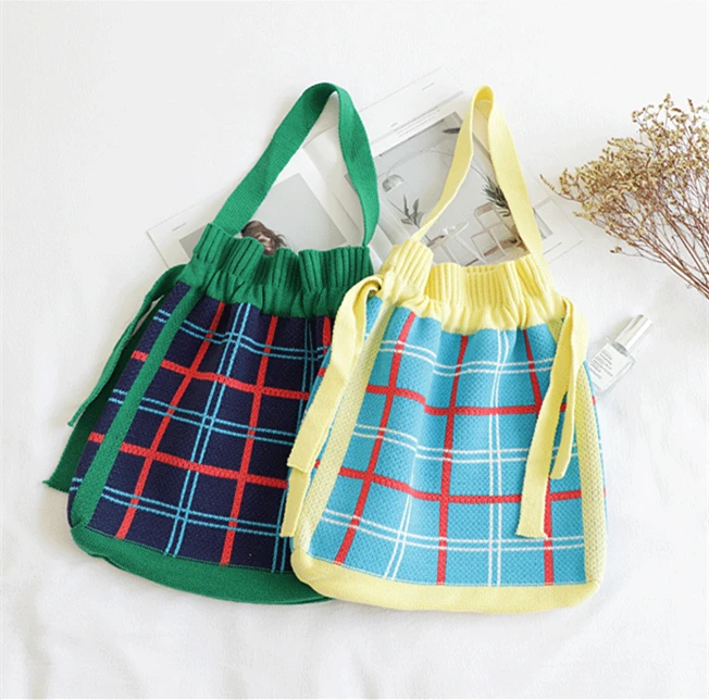 Винтажная клетчатая сумочка из клетчатой ткани женская вязаная сумка на шнурке с