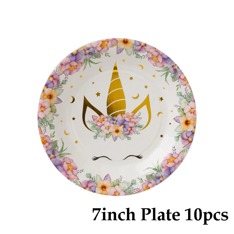 7inch plate 10pcs Розовый Единорог тема вечерние Принадлежности Декор для детского дня рождения бумажные тарелки чашка шапка с рисунком ребенок душ девочка одноразовая посуда - Цвет: 7inch plate 10pcs