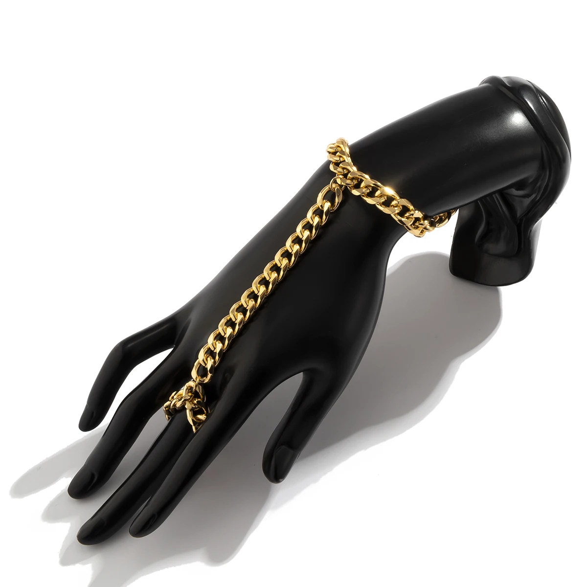 

IngeSight.Z Kpop Gold Color Aluminium Connected Finger Bracelets Bangles Chunky Thick Curb Hand Wrist Chain for Women Jewelry