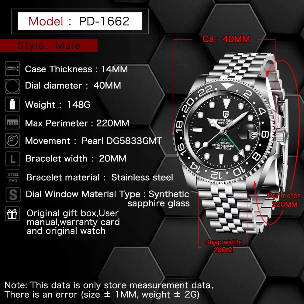 

2020 PAGANI DESIGN GMT Watch Men's Mechanical Automatic Watches Luxury Stainless Steel Sports Waterproof Clock Relogio Masculino
