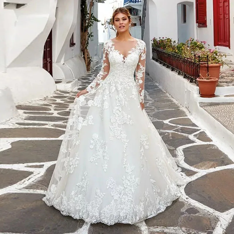 

Свадебное платье принцессы с длинным рукавом, трапециевидной формы, кружевное женское платье с пуговицами сзади