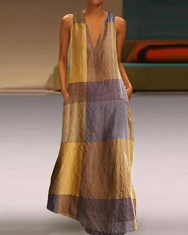 

2021 New Women's Summer Sleeveless V-neck Square Color Matching Pockets and Ankle Elegant Style Comfortable Beach Dress FZ079