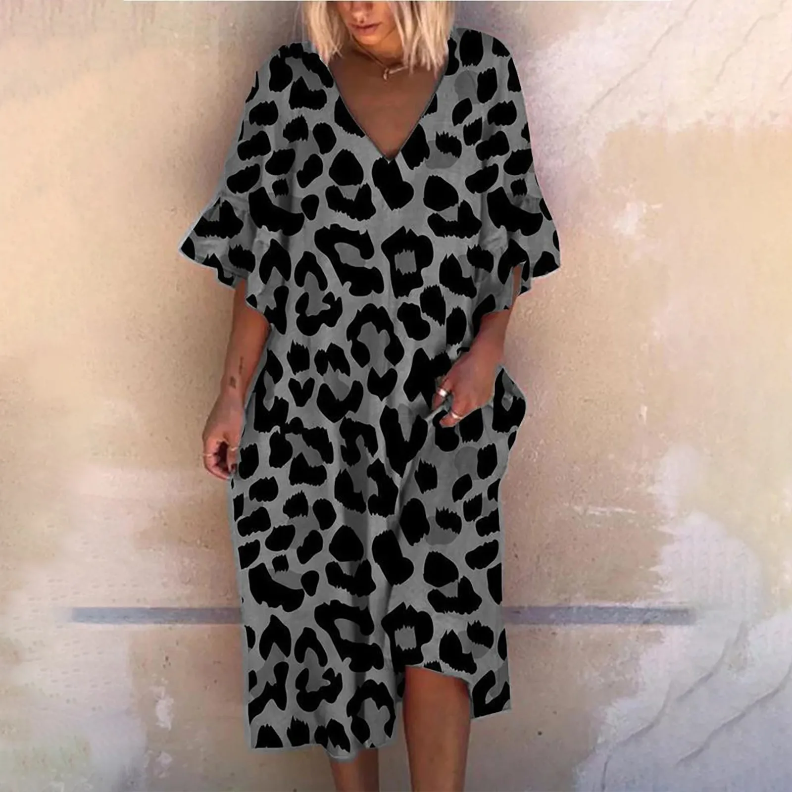 Женское леопардовое платье с коротким рукавом и V образным вырезом|Женские