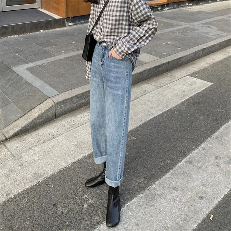 

Women Casual Slender Pants High Waist Straight Jeans Stylish Cowboy Light Washed Plus Denim All-Match Fashion