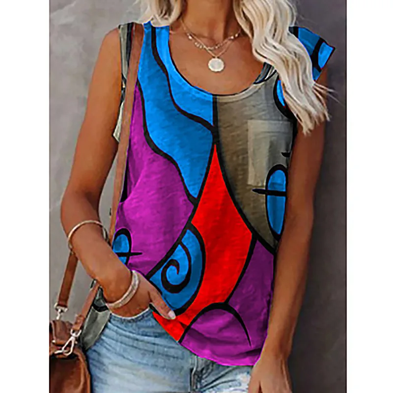 

Mandylandy Women Summer Fashion Patchwork Print Shirt Top Ladies Casual Sleeveless O Neck T-shirt