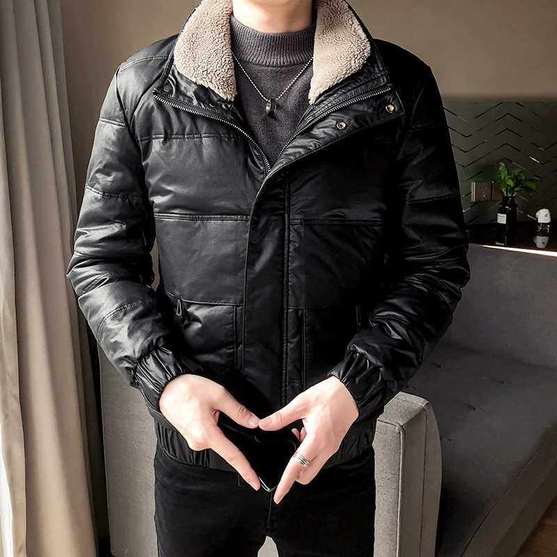 Зимний теплый мужской мотоциклетный кожаный пуховик пальто с воротником из