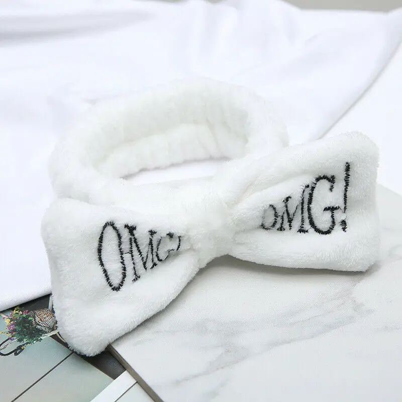 White OMG Повязка на голову из кораллового флиса с бантом для макияжа для женщин, женская маска для мытья лица, косметическая повязка на голову, эластичные мягкие аксессуары для волос в виде тюрбана - Цвет: White OMG