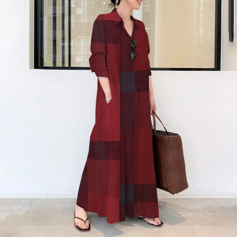 

Autumn Cotton and Linen Dress Printing Lapel Long-sleeved Shirt with Pockets Simple Loose Casual Plaid Long Hedging Dresses