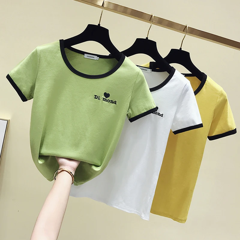 Футболка женская с вышивкой хлопковая рубашка контрастных цветов коротким
