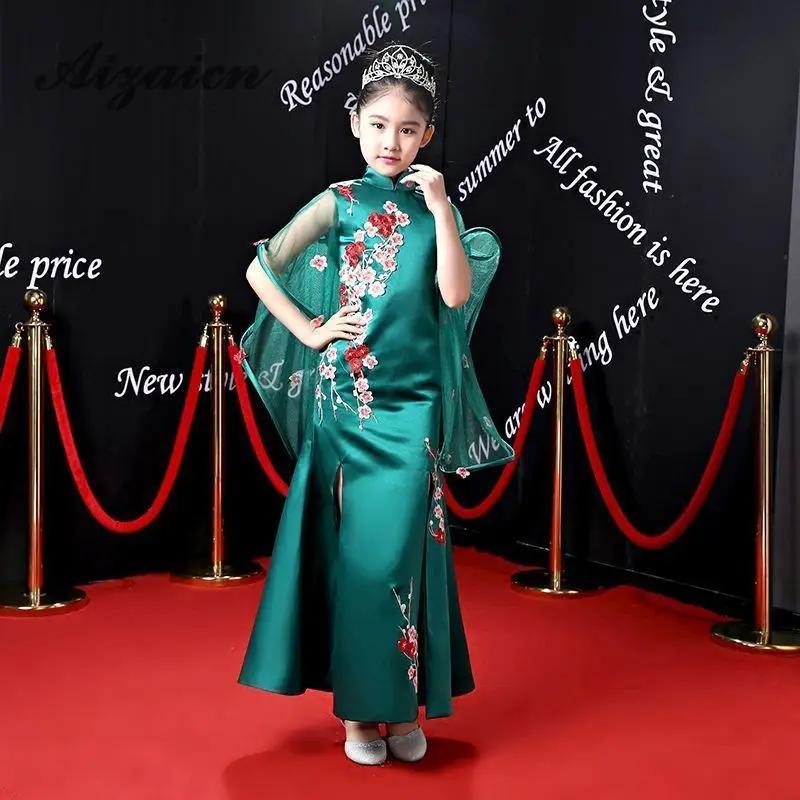 Cheongsam/зеленое вечернее платье русалки для девочек с шалью Qipao свадебное подиум