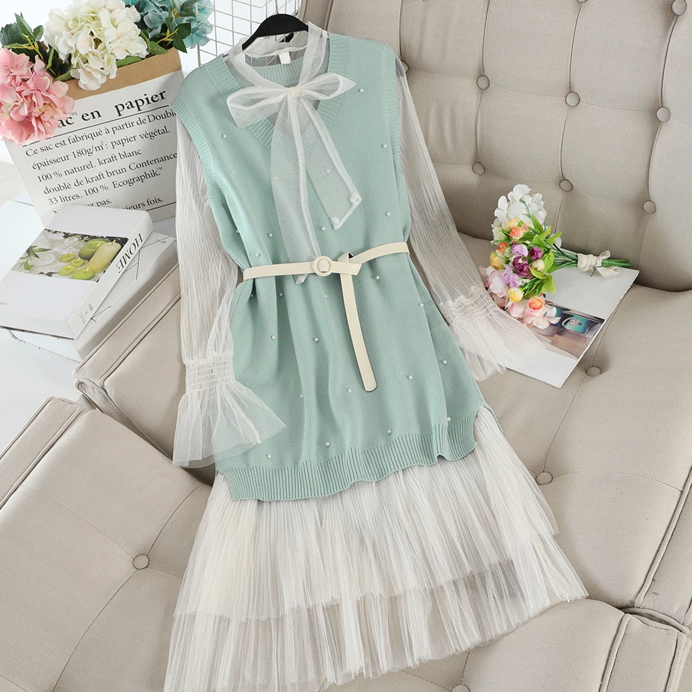 SINGRAIN женское жемчужное трикотажное платье + прозрачное Сетчатое осеннее