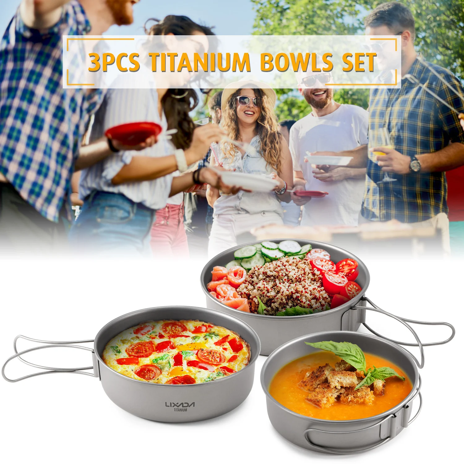 

Lixada 3pcs Titanium Bowls Set Ultralight Titanium Dinner Bowl Pan with Foldable Handles for Outdoor Camping Hiking Picnic