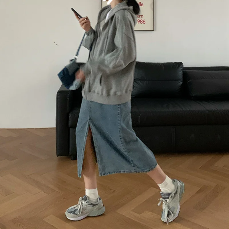 

Vintage Summer Women Adjustable Waist Long Denim Skirt High Waist Loose A-line Front Slit Korean Style Casual Skirt Spring 2021