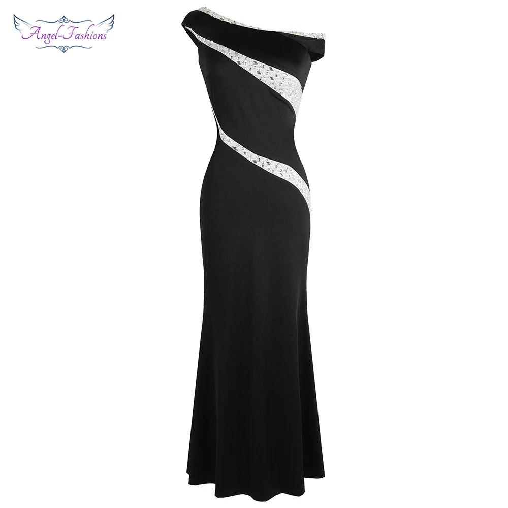 Женское длинное облегающее платье Angel fashions Черное вечернее с рукавами крылышками