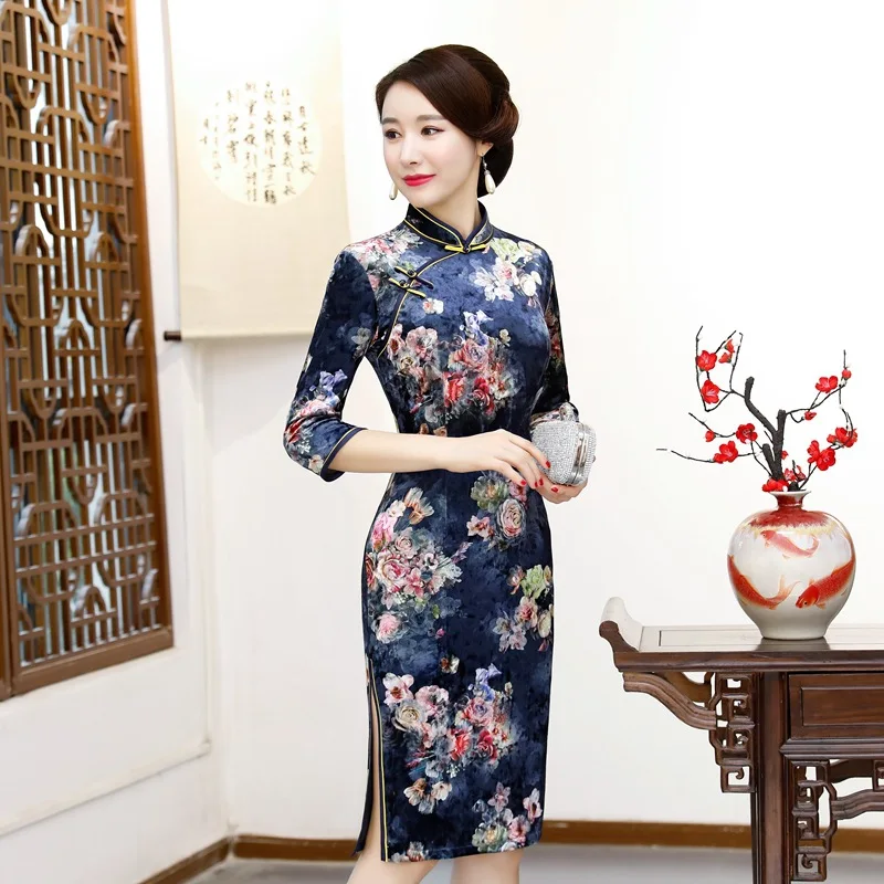 Бархатное осенне зимнее платье с разрезом винтажное традиционное китайское