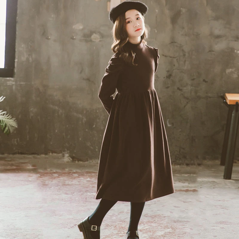 

Теплое повседневное платье с высоким воротом для девочек-подростков, зимнее, осеннее, 2020, средней длины, детское платье принцессы, детское м...