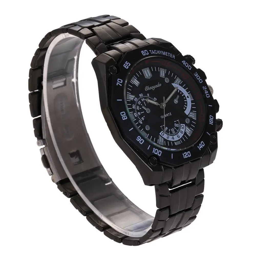 Оригинальные кварцевые часы мужские роскошные с черным циферблатом и ремешком