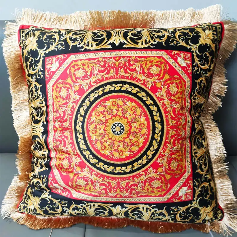 Бархатная двухсторонняя наволочка с принтом квадратная бахромой 50x50 см без