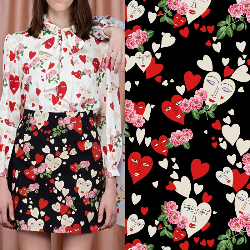 

145 см * 100 см цифровой печати шелковой атласной ткани дизайнерские ткани с узором в виде сердца; Модная прошитая ткань черно-белый 2 вида цвето...