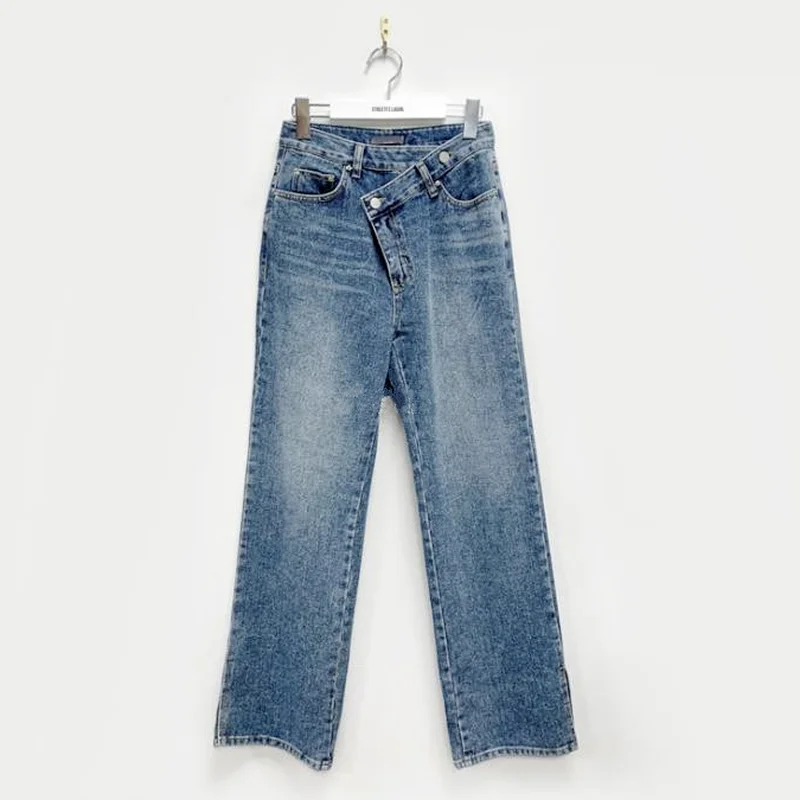 

2021 Casual Asymmetric High Waist Straight Jeans for Women Side Split Denim Blue Jeans Trousers Female Long Pantalon Femme