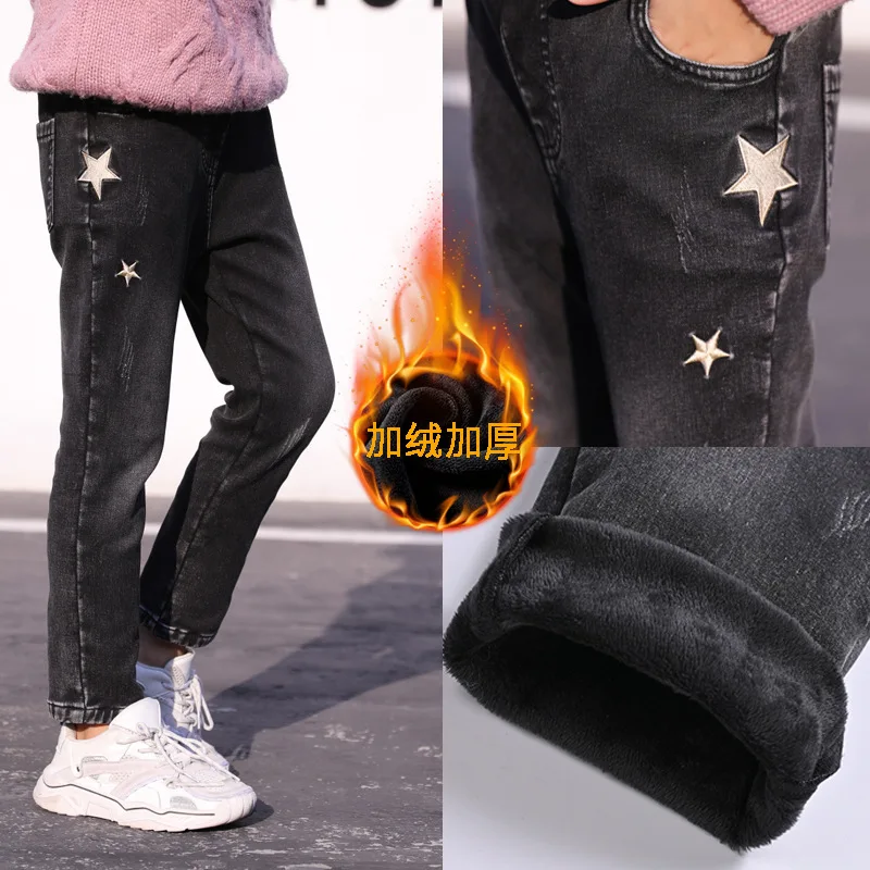 

Casual Girl Boy Winter Pants Plus Velvet Thick Warm Trousers Denim Pants 4-15 Years Elastic Star Embroidery Baby Kid Jeans