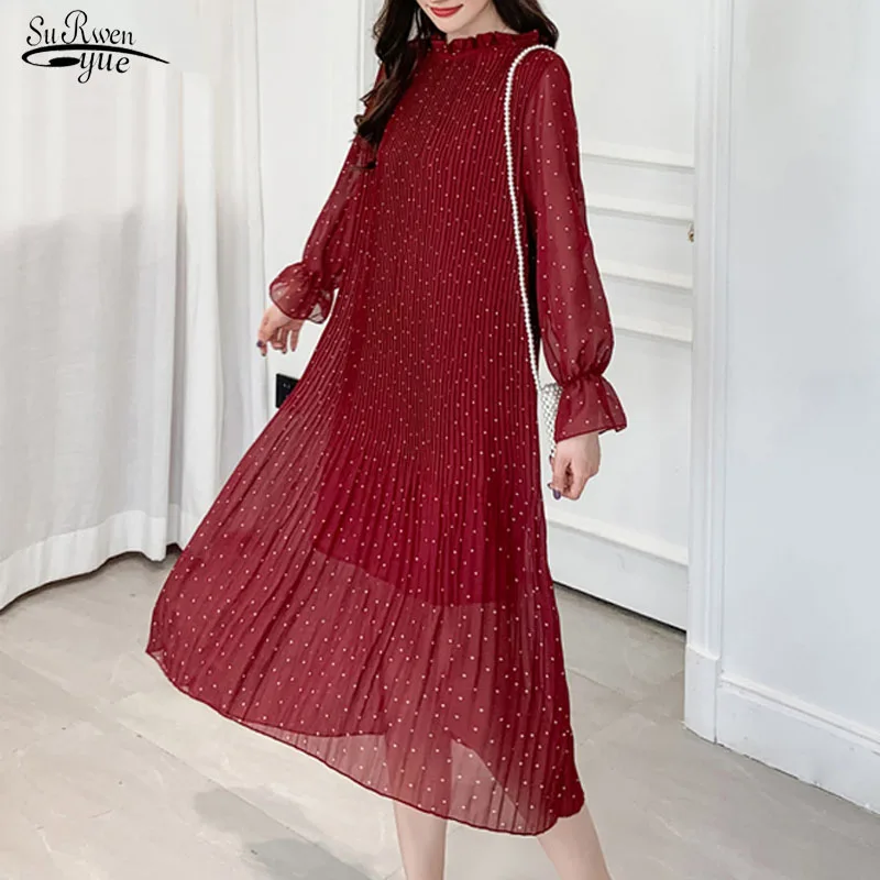 Винтажное женское шифоновое платье осеннее с длинным рукавом и Расклешенным