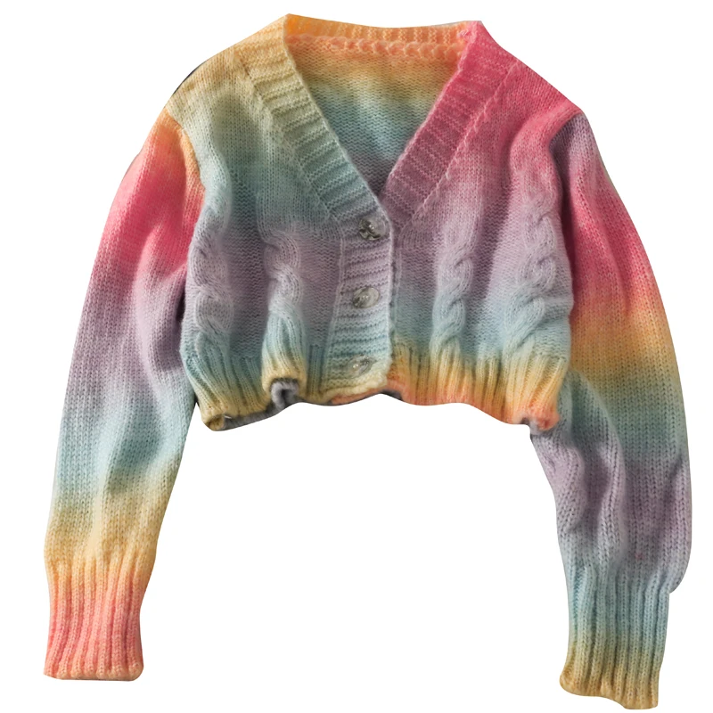 

Осенний короткий вязаный кардиган с тремя пуговицами и V-образным вырезом, милый Радужный градиентный свитер с длинным рукавом