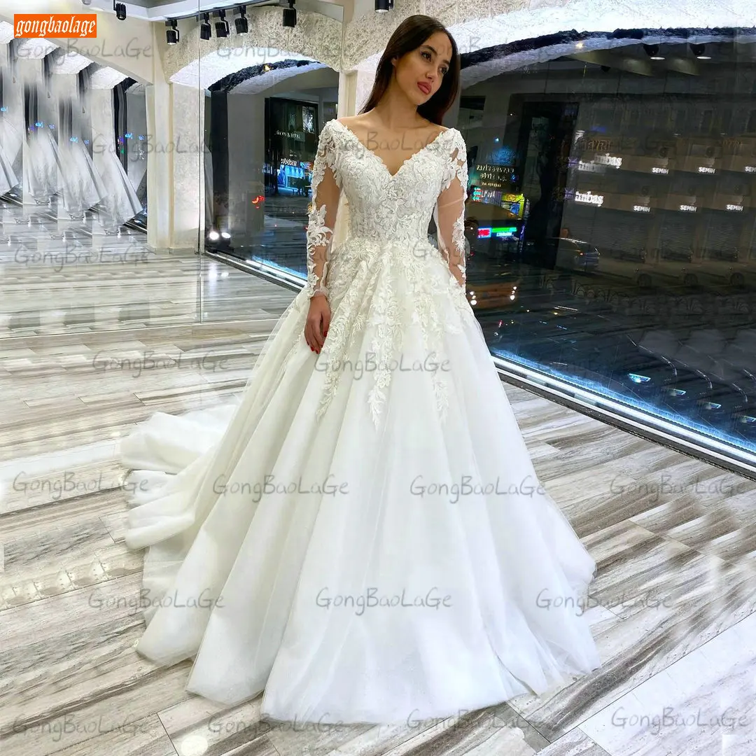 Купи Luxury Ivory Wedding Dress Long Sleeves 2021 robe de mariée Lace Up Appliqus Tulle Ball Gown Bride Dresses Court Train trouwjurk за 9,880 рублей в магазине AliExpress